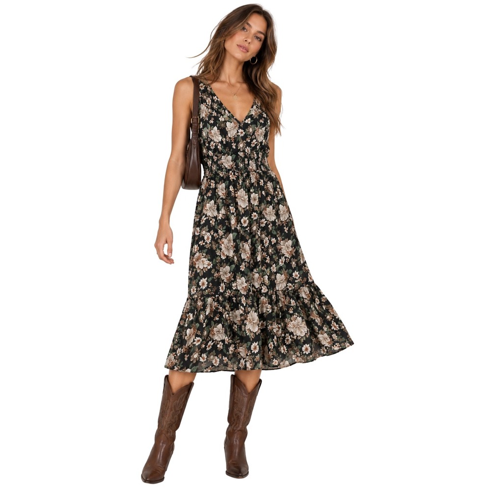 Anthropologie Kindred Dress Women 3X Floral Maxi Smocked Tiered V-Neck Boho